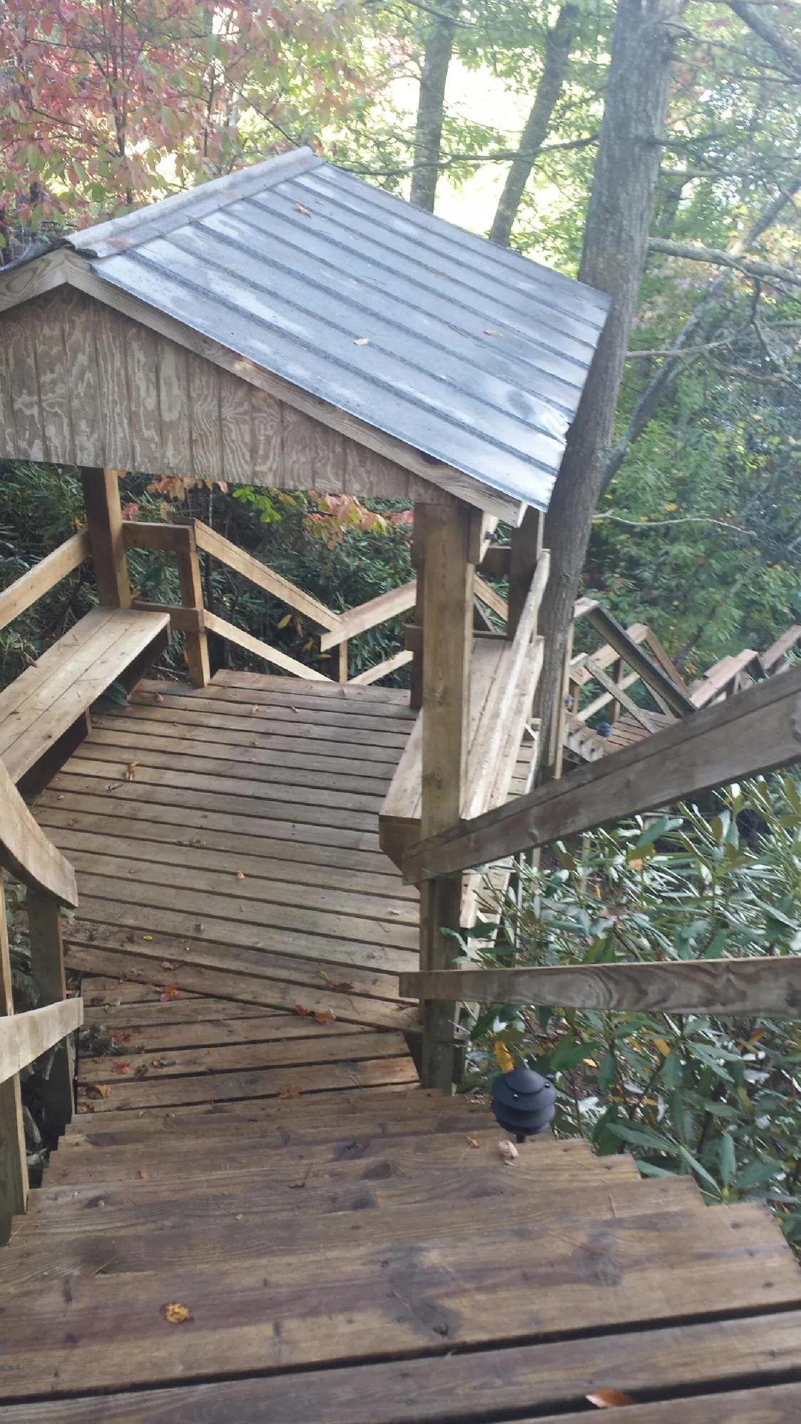 Metal roofed shelter over wooden steps on a wooded walkway — Skylight Repair & Installation work by our crew in Baileyton